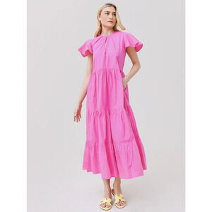 OLIPHANT V-Neck Pink Tiered Maxi Midi Dress Cotton Poplin Tuckernuck Small